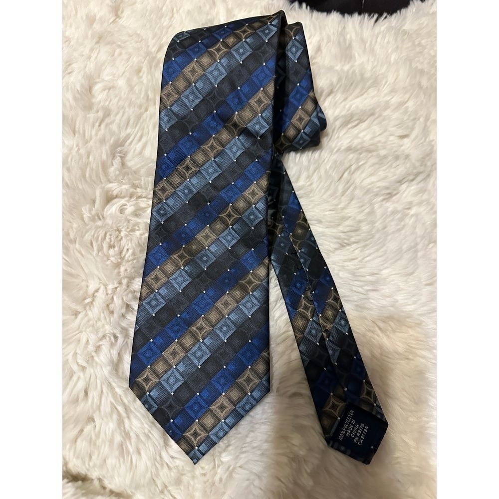 John Ashford Blue Gray Geometric Pattern Silk Tie Classic Business Accessory